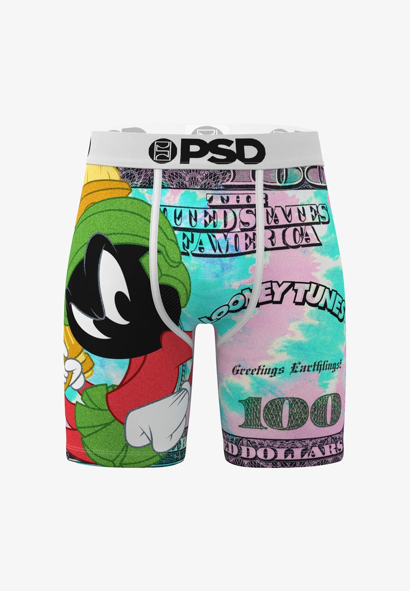 Herenboxershorts met een kleurrijke cartoonafbeelding van een personage op een lichtblauwe en roze achtergrond met een geldthema. Elastische tailleband.