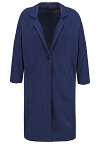Marinblå öppen kappa med trekvartslånga ärmar, enkel knappstängning och slät tygtextur. Skräddarsydd silhuett.