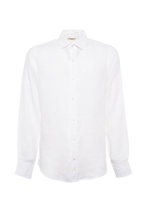 Camicia bianca a maniche lunghe con bottoni, colletto e polsini, mostrata su uno sfondo bianco semplice.