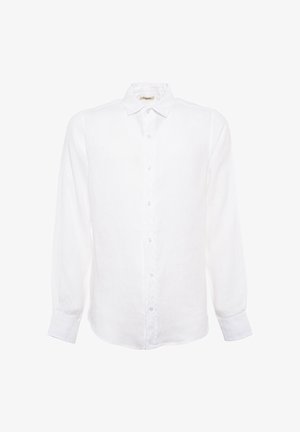 Witte blouse met lange mouwen, knopen, kraag en manchetten, weergegeven op een effen witte achtergrond.