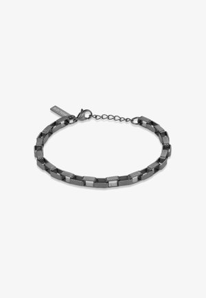Black metal bracelet featuring linked rectangular shapes with varied textures. Includes a lobster clasp and an adjustable chain with a tag.
