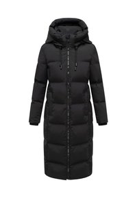 Black padded long coat with a hood, featuring a full front zipper and drawstring. Smooth texture with quilted panel design.