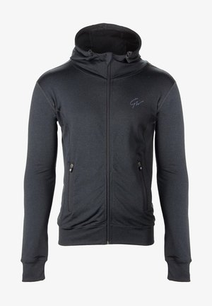 Zwarte rits hoodie van een soepele, textuurstof, met twee voorzakken, een hoge kraag en een subtiel logo op de borst.