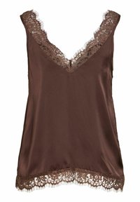 Haut sans manches en satin marron avec bordure en dentelle le long de l'encolure en V et de l'ourlet.