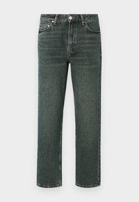 Tumši zaļi džinsu bikses ar taisnu griezumu, ar klasisku piecu kabatu dizainu, redzamām šuvēm un pogu aizdari jostasvietā.