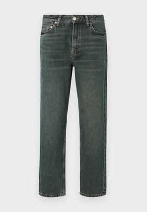 Tmavě zelené džíny z denimu se střihovým provedením rovného střihu, s klasickým pětipocket designem, viditelným šitím a zapínáním na knoflík v pase.