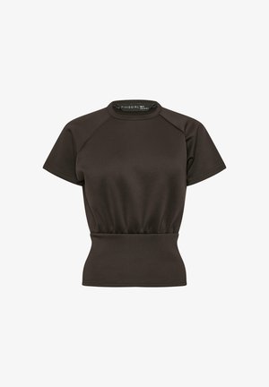 Donkerbruine aansluitende top met korte mouwen, ronde hals en elastisch geplooide taille.