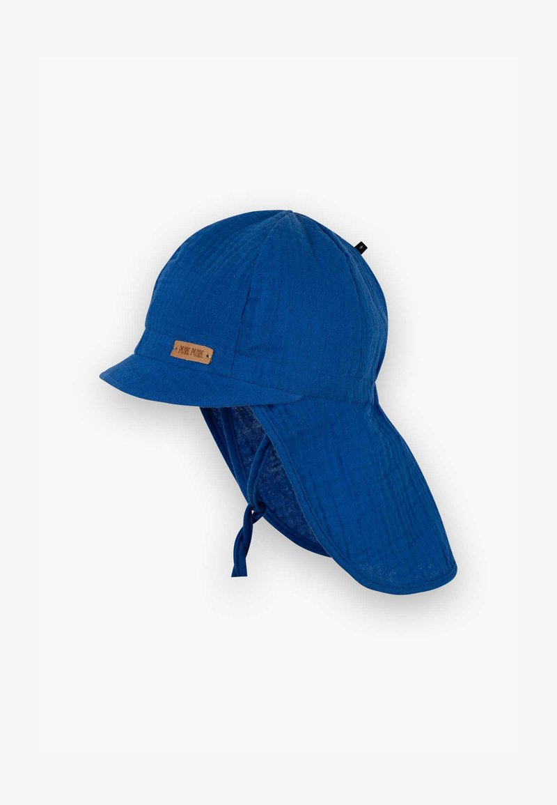 Boné azul com aba rígida e aba estendida para o pescoço. Feito de tecido texturizado, com um detalhe em logotipo de madeira na parte da frente. Inclui atilhos ajustáveis.