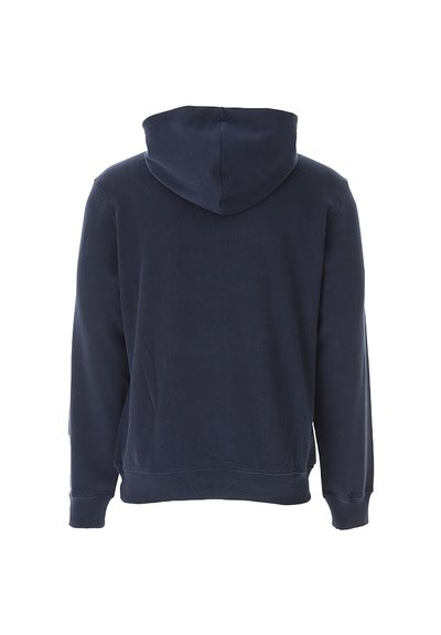 Felpa blu navy con cappuccio regolabile, maniche lunghe, polsini a coste e un tessuto testurizzato. Il retro è semplice, senza decorazioni.