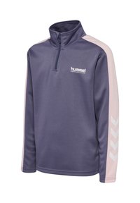 Lilla fleecebluse med kvartlynlås og høj krave, med lyserøde skulderpaneler og hvide chevron-detaljer på ærmerne. Brandlogo vist.