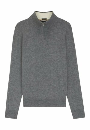 Grijze trui met een opstaande kraag, voorzien van een kwart-ritssluiting aan de voorkant en geribbelde boorden aan de mouwen en zoom. Gemaakt van zachte, gestructureerde stof.