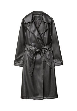 Schwarzer Leder-Trenchcoat mit doppelter Knopfleiste, breitem Kragen, tailliertem Gürtel und langen Ärmeln mit geknöpften Manschetten.