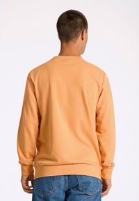 Felpa arancione in cotone con maniche lunghe, collo a giro e polsini a costine. Texture liscia, vestibilità rilassata. Indossata con jeans in denim blu.