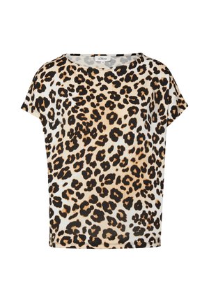 Korte mouw, ronde hals T-shirt met beige en zwarte luipaardprint, gemaakt door s.Oliver, maat 36.