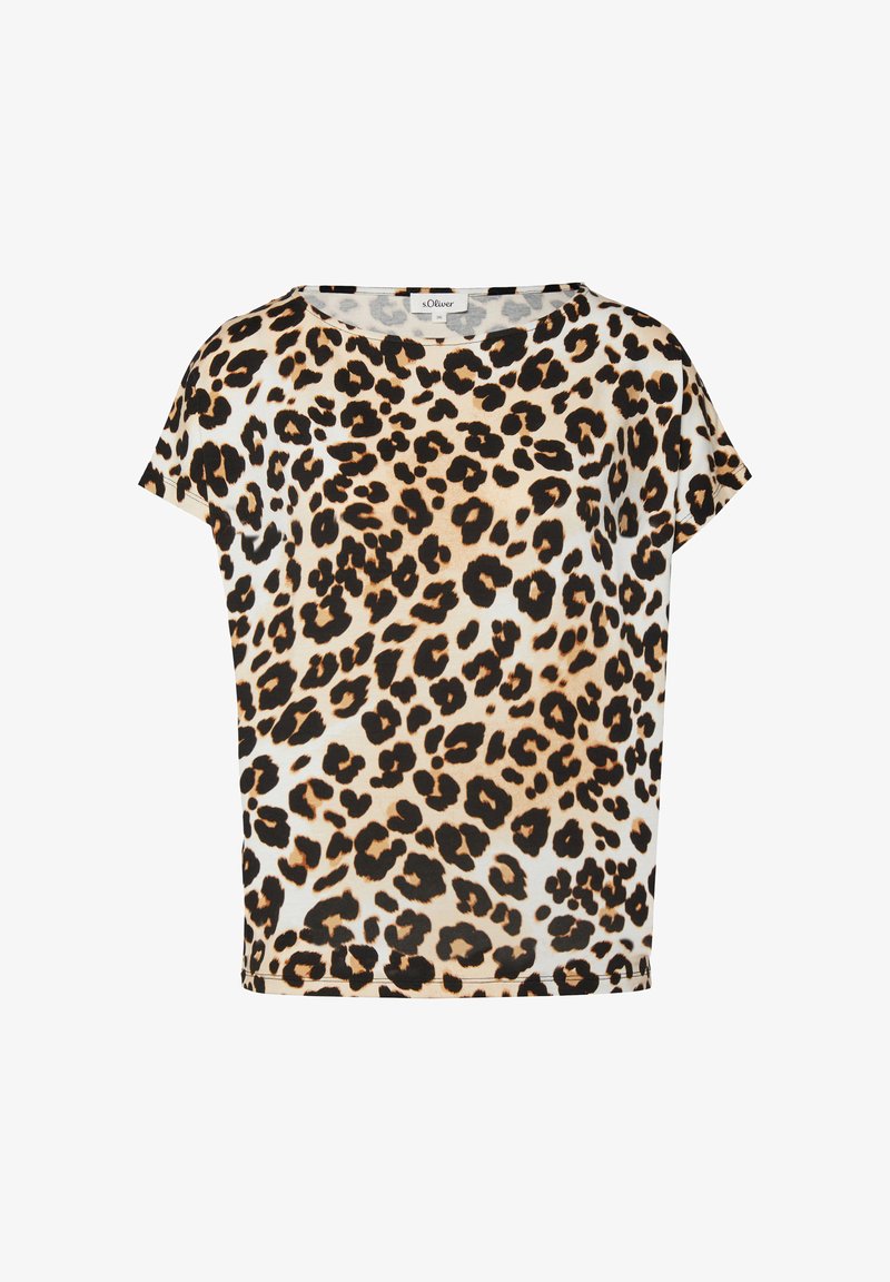 Short-sleeve, round-neck T-shirt with beige and black leopard print pattern, made by s.Oliver, size 36.