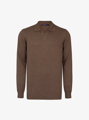 Brown long-sleeve polo sweater with a textured knit, featuring a v-neck design and ribbed cuffs and hem. Durable fabric with minimal detailing.