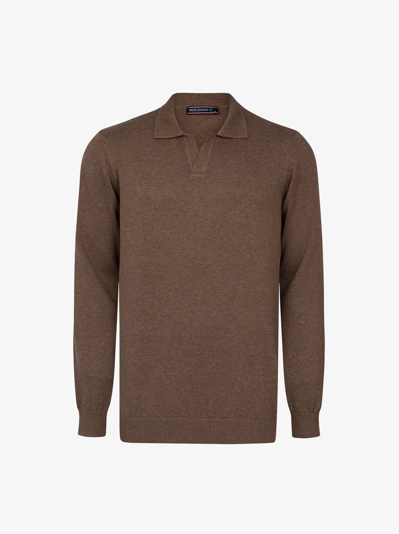 Bruine polo trui met lange mouwen en een gestructureerde brei, met een v-hals ontwerp en ribboord bij de manchetten en onderkant. Duurzaam materiaal met minimale details.