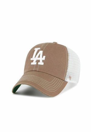 Gorra de béisbol de malla marrón y blanca con el logo "LA" bordado en blanco en la parte frontal y visera curva con costuras blancas.
