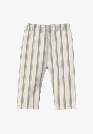 Luźne, jasne spodnie w pionowe paski w kolorze szarym i jasnoniebieskim, z elastycznym pasem i teksturowaną tkaniną.