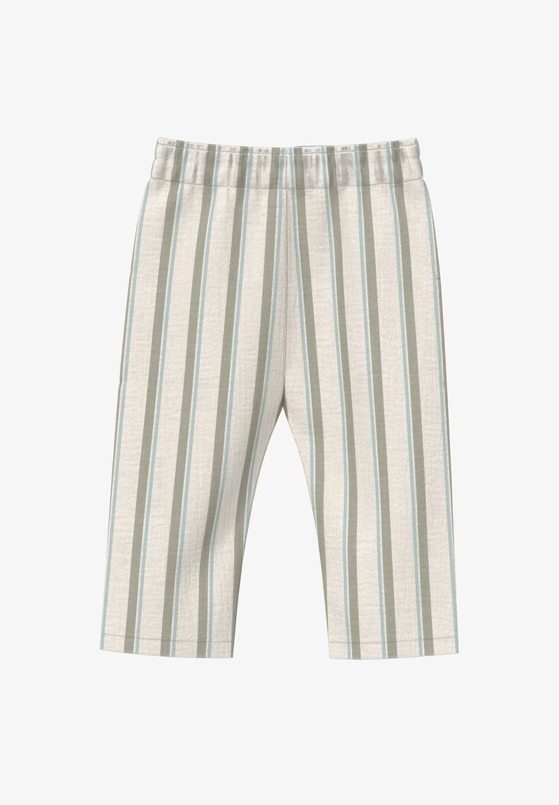 Locker sitzende, hellfarbene Hose mit vertikalen Streifen in Grau und Hellblau, ausgestattet mit einem elastischen Bund und einem strukturierten Stoff.
