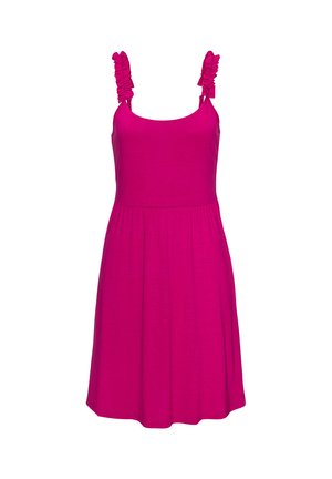 Hellpinkes ärmelloses Kleid mit Rüschen an den Trägern und einem gerafften Taillenbereich, knielang mit einem fließenden Rock.