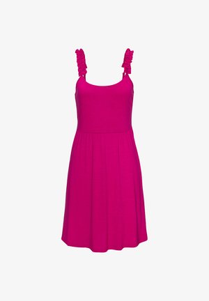 Hellpinkes ärmelloses Kleid mit Rüschen an den Trägern und einem gerafften Taillenbereich, knielang mit einem fließenden Rock.