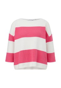 Gebreide pullover met brede horizontale strepen in roze en wit, met een bootnek en 3/4-lange mouwen.
