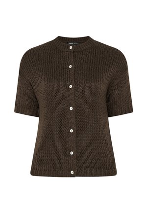 Cardigan marrone a maniche corte lavorato a maglia con scollo rotondo e bottoni bianchi sulla parte anteriore.