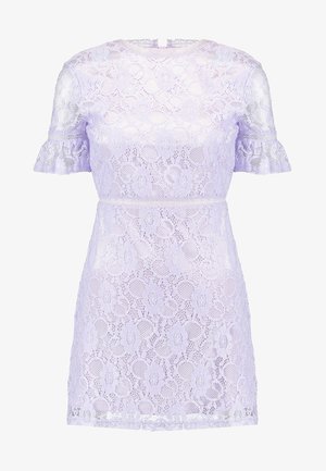 Lilac lace dress with short ruffled sleeves, floral pattern, fitted waist, and a straight silhouette. Textured fabric adds depth.