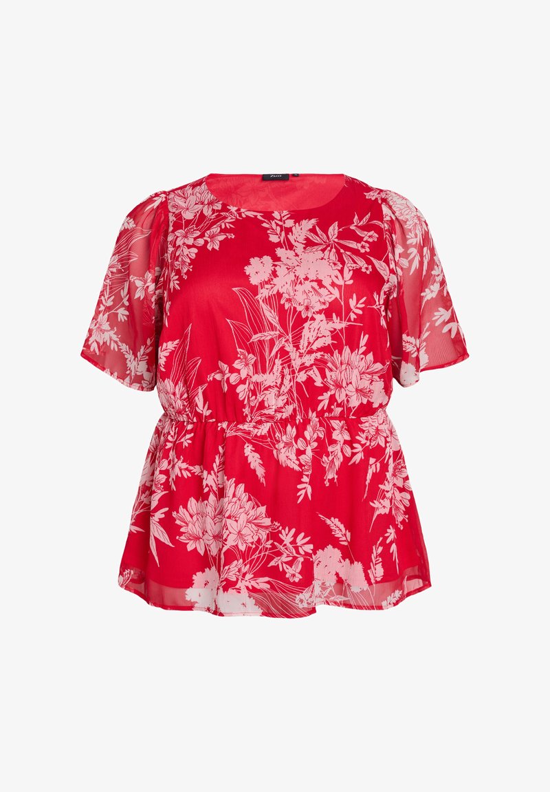 Rød blomstret bluse med korte, gennemsigtige ærmer. Har en afslappet bodice, indsamlet talje og hvidt blomstermønster mod den stærke baggrund.