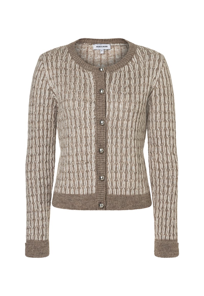 Beige gestrickte Strickjacke mit strukturiertem Muster, Rundhalsausschnitt und Knopfverschluss. Mit silbernen Knöpfen sowie gerippten Bündchen und Saum.