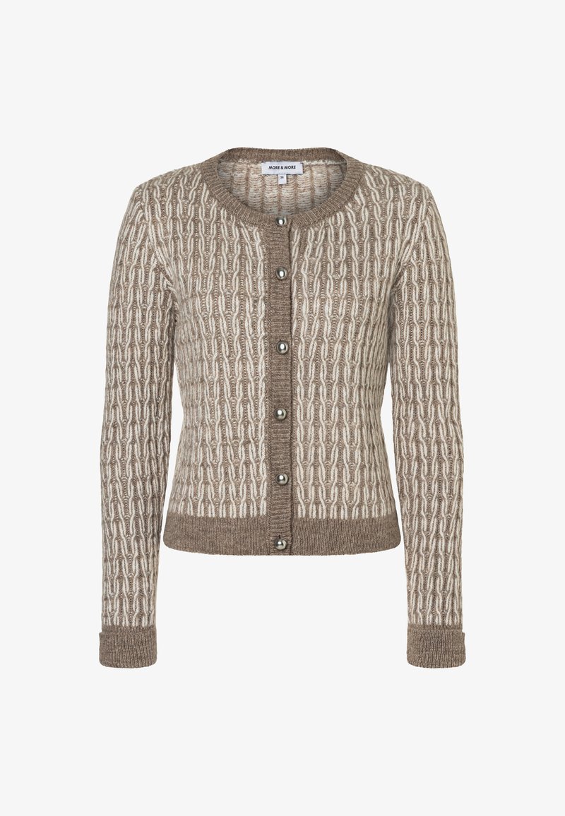 Beige gebreide cardigan met textuurpatroon, ronde halslijn en knoopsluiting. Voorzien van zilveren knopen en geribbelde manchetten en zoom.