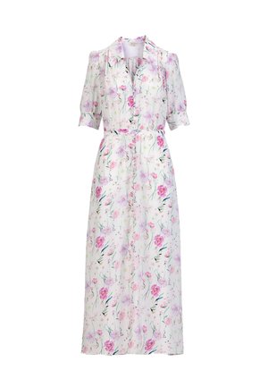 Witte midi-jurk met korte pofmouwen, kraag, knoopsluiting aan de voorkant, tailleband met ceintuur, met roze en paarse bloemenprint.