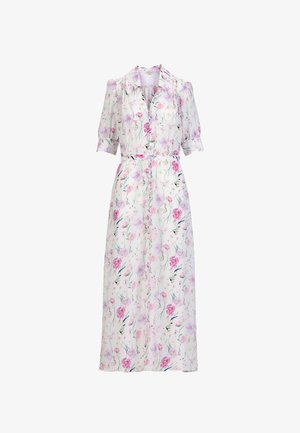White midi dress with short puff sleeves, collar, button front, belted waist, featuring pink and purple floral print.