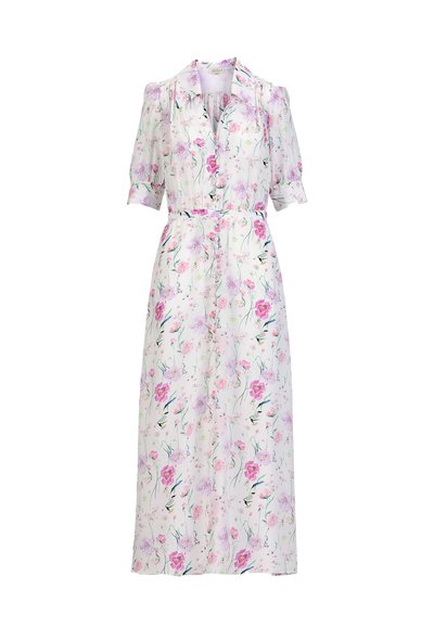 Robe midi blanche avec manches courtes bouffantes, col, devant boutonné, taille ceinturée, ornée d'un imprimé floral rose et violet.