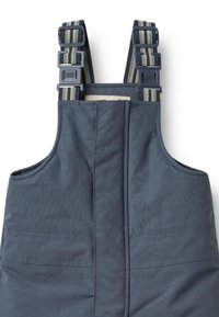 Zilas darba bikses ar regulējamām svītrainām lencēm, rāvējslēdzēja aizdari priekšpusē un divām sānu kabatām, izgatavotas no izturīga auduma ar teksturētu virsmu.