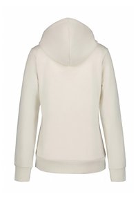 Crème hoodie met een slim fit ontwerp, grote capuchon en geribbelde manchetten. Glad textuur, zonder zichtbare patronen of hardware details.