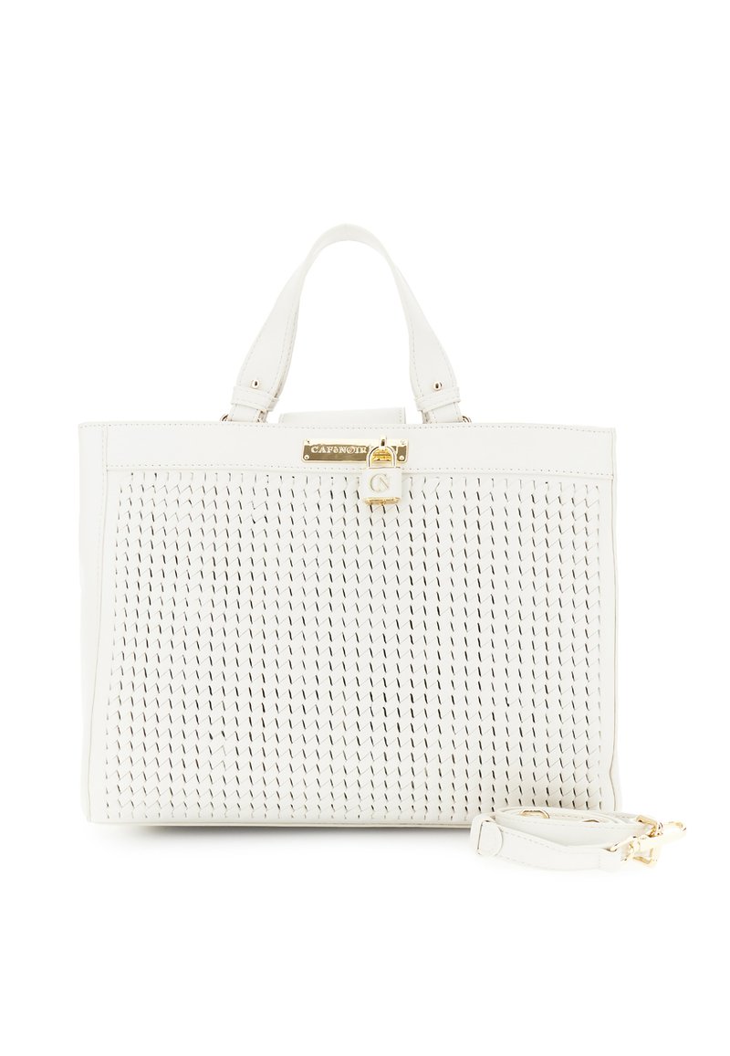 Borsa tote bianca in pelle con texture intrecciata, dettagli in metallo dorato, manici superiori, tracolla rimovibile e chiusura con lucchetto.