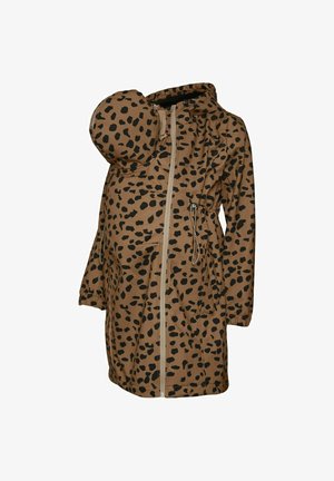 Maternity jacket in brown with black leopard print. Features a zip closure, hood, and a detachable extension for carrying a baby.