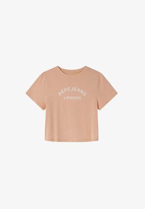 T-shirt cropped color pesca in cotone con maniche corte, caratterizzata dalla scritta "PEPEJEANS LONDON" stampata in bianco sul davanti.