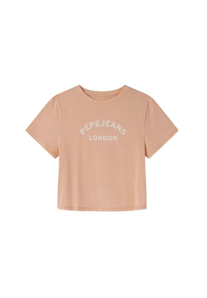 Peedi värvi lühikesed varrukad ja puuvillane lühike t-särk, mille esiküljel on valge kiri "PEPEJEANS LONDON".