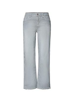 Pantalon taille haute à rayures verticales bleu clair et blanc, fermeture par bouton et zip, poches avant, et ourlets larges effilochés.
