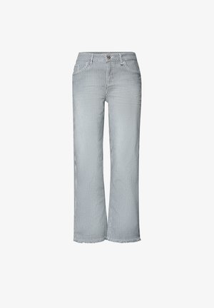 Pantalones de talle alto con rayas verticales en azul claro y blanco, cierre de botón y cremallera, bolsillos delanteros y bajos anchos deshilachados.