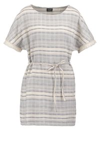 Raidallinen mekko vaaleanbeigeissä ja harmaissa sävyissä, jossa on lyhyet hihat, rento leikkaus ja naruintia, jossa on tupsut.