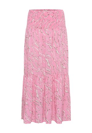 Falda rosa fluida hecha de tela ligera; presenta una cinturilla fruncida y un diseño en capas con un sutil patrón abstracto.