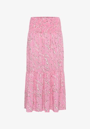 Pink, flowing skirt made of lightweight fabric; features a smocked waistband and a tiered design with a subtle abstract pattern.