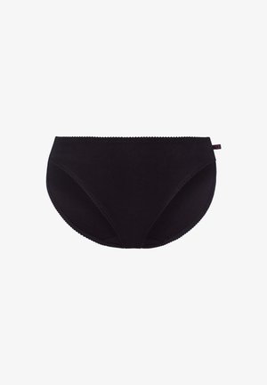 Schwarze Baumwollmischungslimousinen mit glatter Textur, hoch geschnittenen Beinöffnungen und einer gewellten Borte entlang des Taillenbunds. Keine sichtbaren Beschläge oder Akzente.