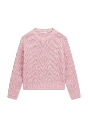 Pull en tricot rose avec un motif en chevrons, col rond, poignets et ourlet côtelés. La texture semble légère avec des détails en maille ouverte.