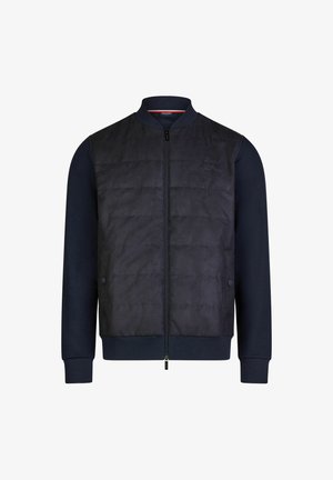 Navy bomber jacket with a quilted, textured front and smooth sleeves, features a zip closure and ribbed cuffs, combining materials for warmth.