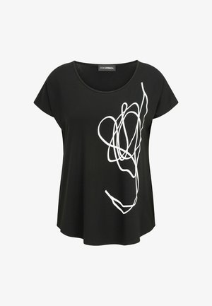 Black short-sleeve T-shirt made of soft fabric, featuring a white abstract line design on the front. Round neckline, relaxed fit.